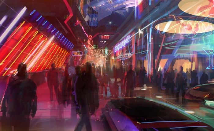 Mass Effect 2 futuristic city street at night