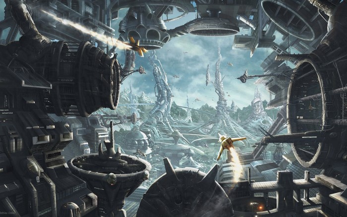 Futuristic Cityscape with Sci-Fi Ships