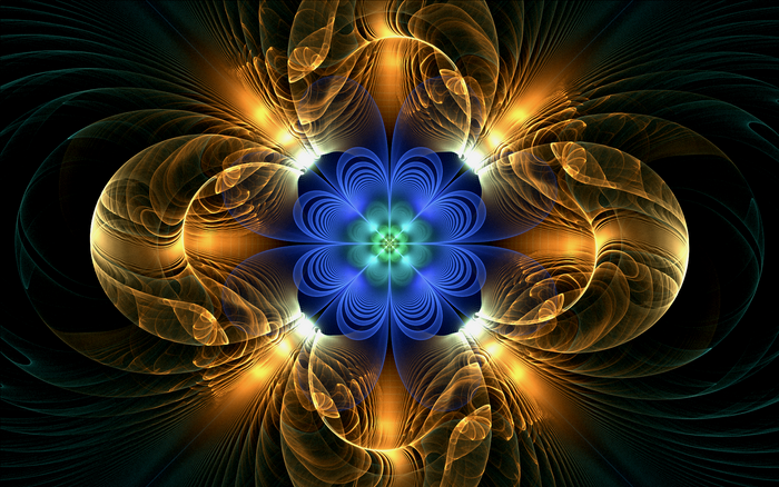 Glowing Abstract Fractal Flower in Blue and Gold