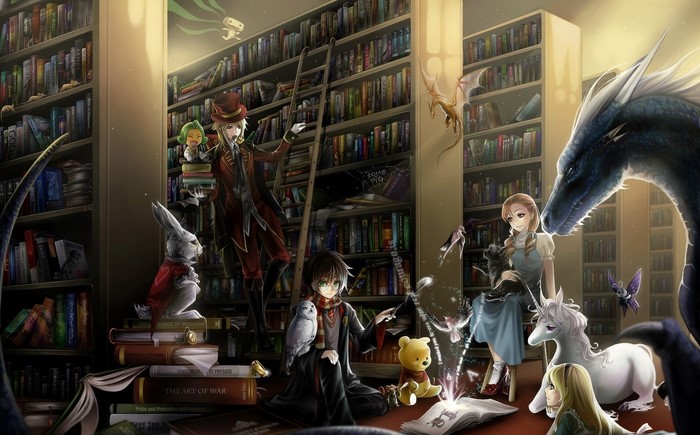 Fantasy Library with Dragons, Unicorns, and Characters