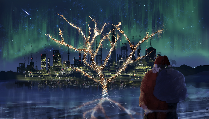 Santa Claus looking at a city under aurora borealis