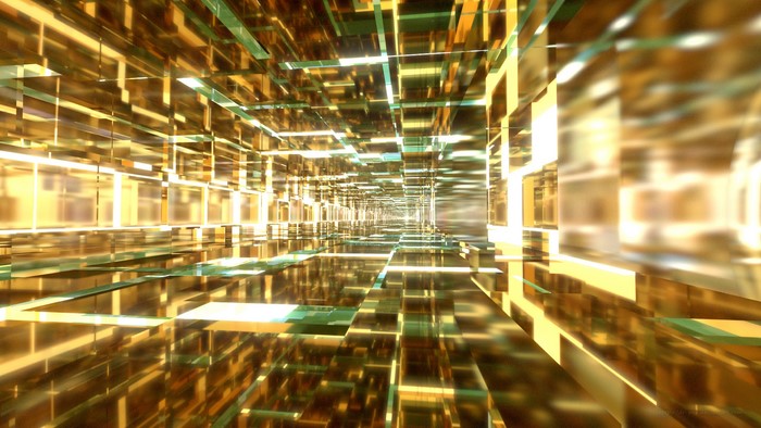 3D Digital Art Tunnel of Yellow Squares