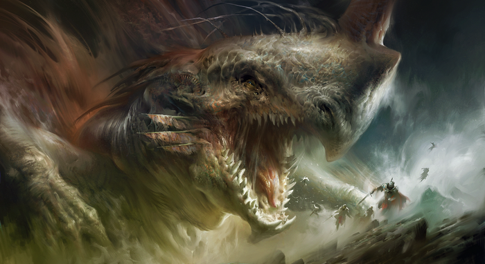 A massive dragon attacks a group of warriors