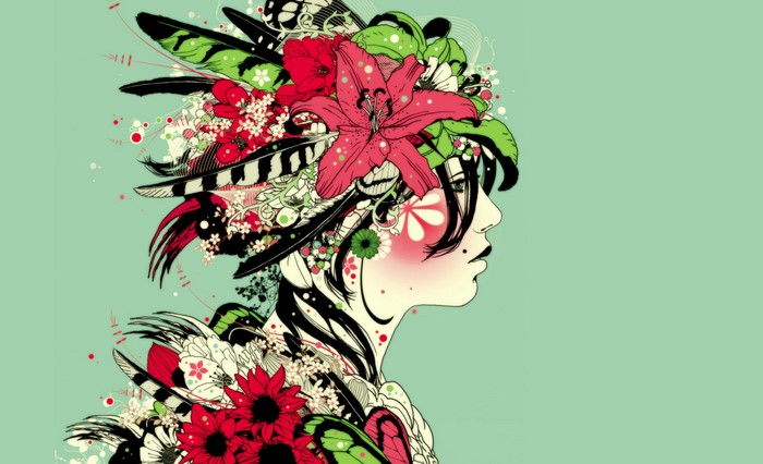 Artistic drawing of a woman with flowers and feathers
