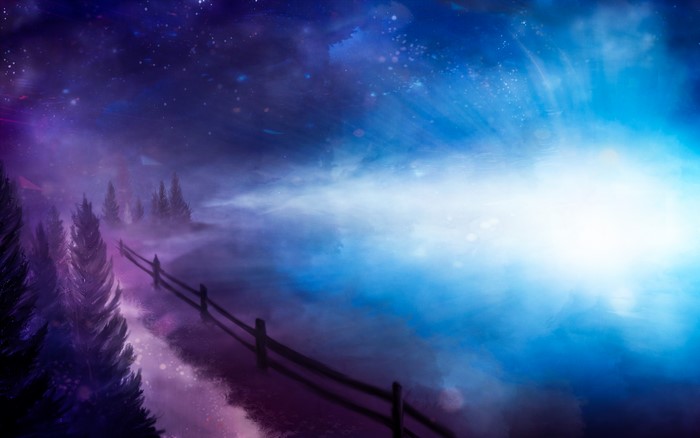Starry night sky over a foggy forest road