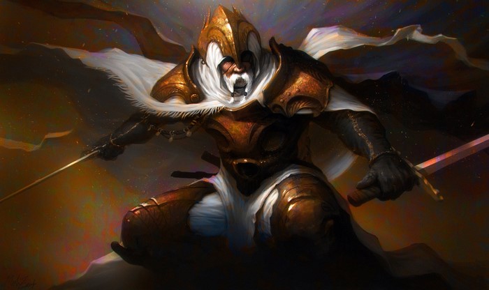 Warrior in golden armor with swords