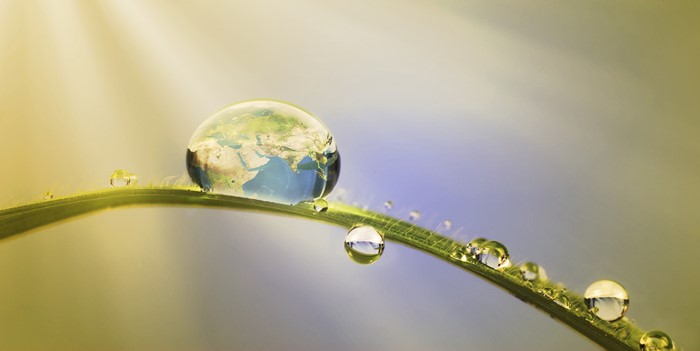 Earth reflected in a water drop on a blade of grass