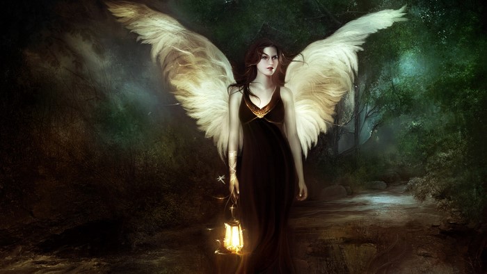 Angel with a lantern in a dark forest