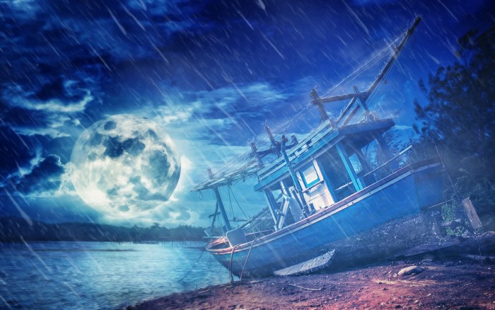 Moonlit rain over a beached ship