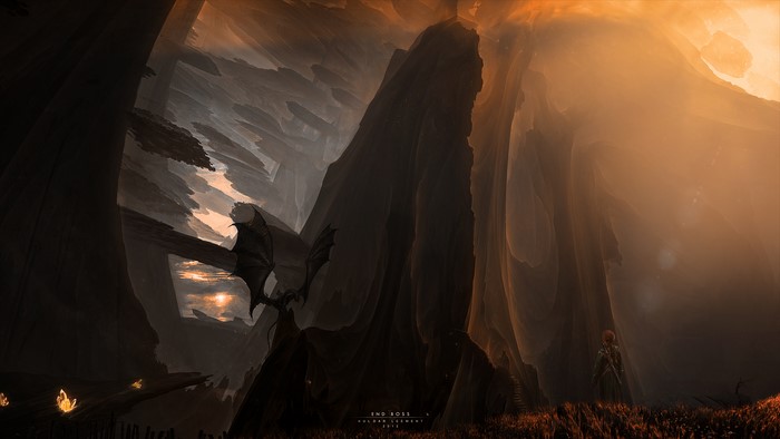 Fantasy Dragon in a Cave with a Person