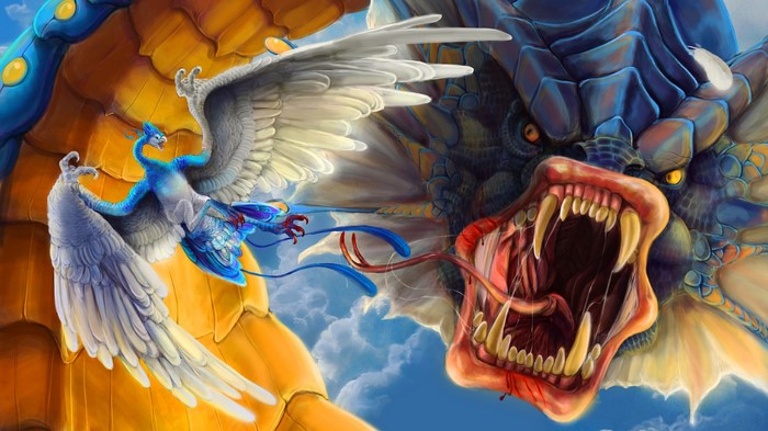 Art depicts a battle between two Pokémon, Gyarados and Articuno.