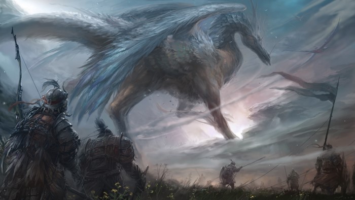 Fantasy warriors face a giant winged creature