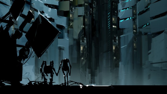 Two robots holding hands in a destroyed city from Portal 2