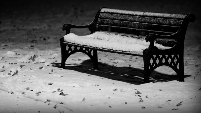 Park bench covered in snow at night