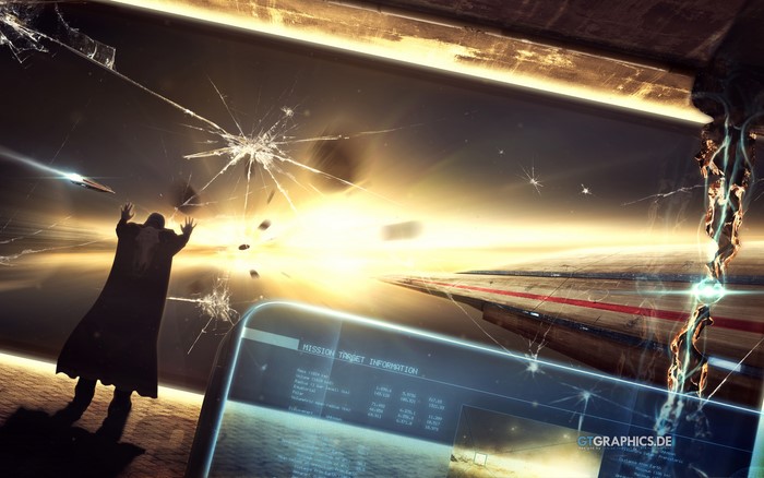 Sci Fi scene with spaceship and figure