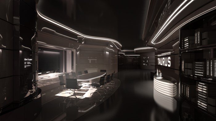 Futuristic conference room with Taurus branding