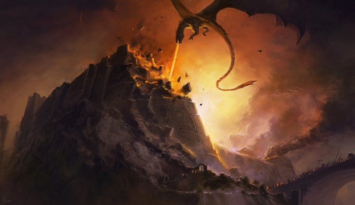 Dragon attacking a castle with fire
