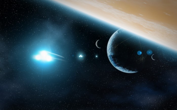 Sci Fi scene with planets and spaceship