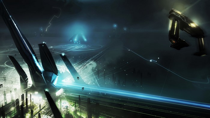 Tron digital landscape with futuristic structures
