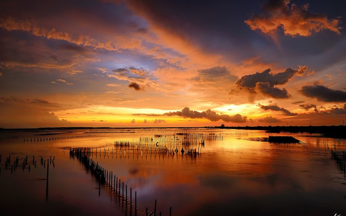 Sunset over a calm body of water with wooden posts