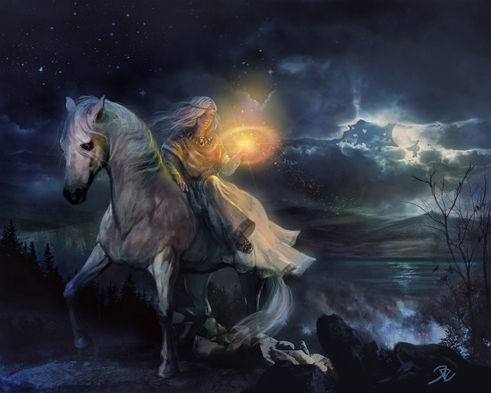 Fantasy woman riding a white horse at night