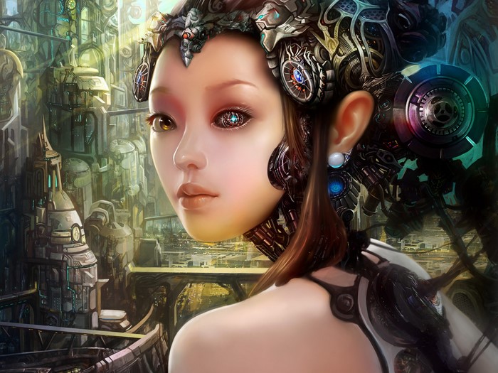 Cyborg woman in a futuristic city