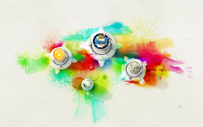 Abstract colorful paint splashes with globes