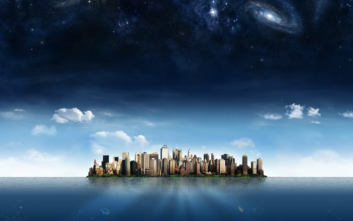 Cityscape on the water under the galaxy