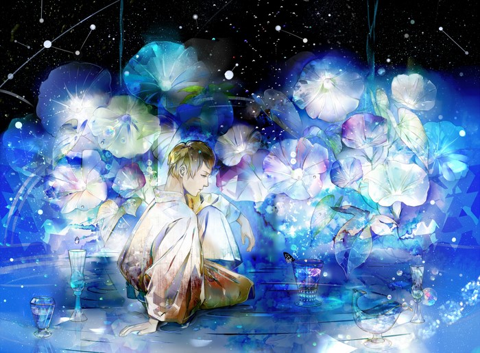 Boy surrounded by glowing morning glories under starry sky