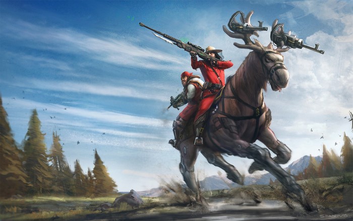 Warriors riding a moose with guns