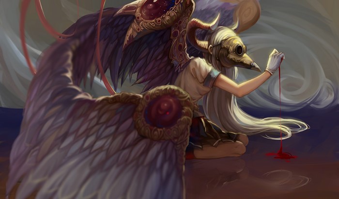 Anime character with plague doctor mask and wings