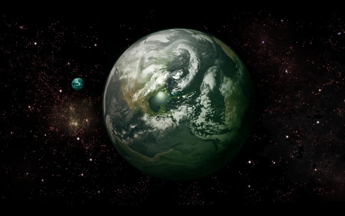 Planet and moon in starry space