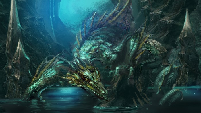 Two dragons in a cave with water