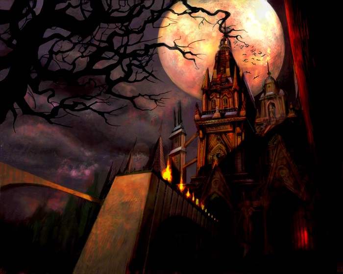 Creepy castle under a large moon at night