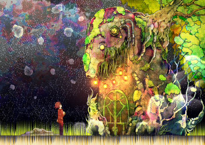Girl looking at a giant tree-like creature in space