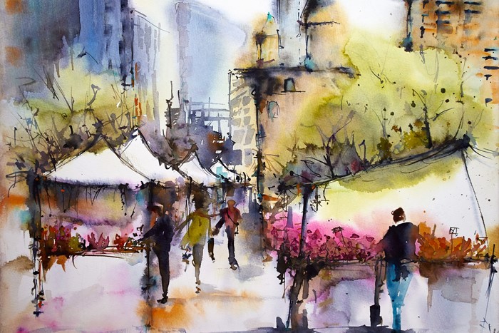 Watercolor painting of a town market with people