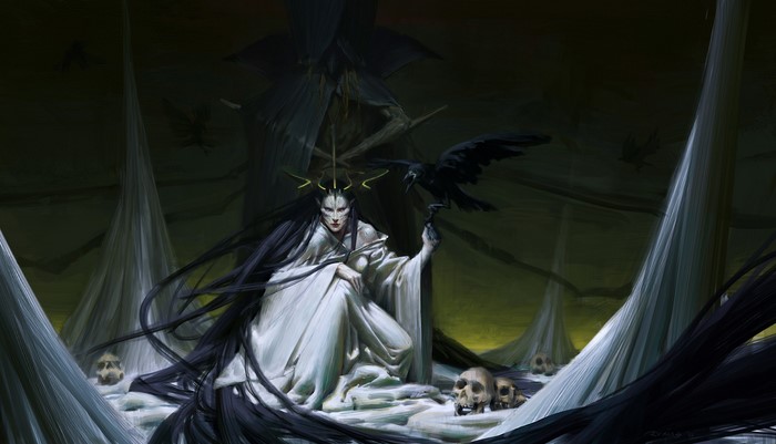 Dark fantasy woman with crow and skulls