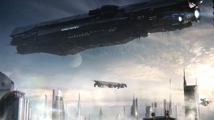UNSC Infinity from Halo flying over a futuristic city