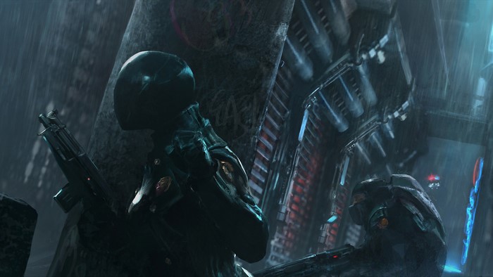 Soldiers with guns in a rainy, futuristic city