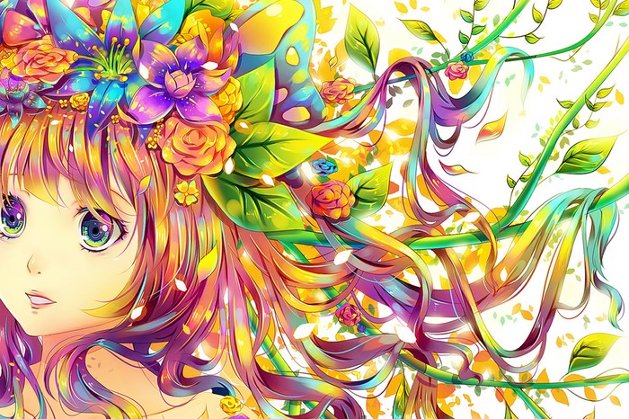 Anime girl with colorful hair and flowers
