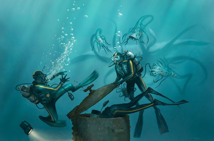Divers encounter sea monsters near sunken object