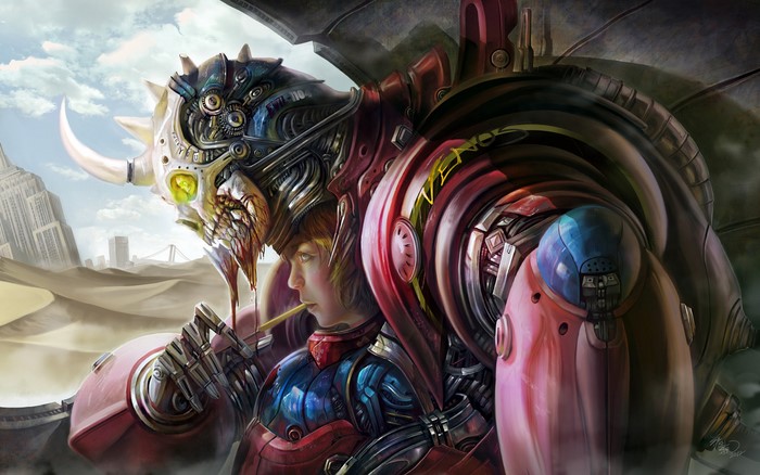 Girl with a cyborg rhino in a desert city