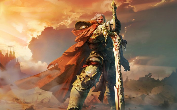 Fantasy warrior with a large sword and orange cape