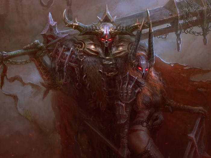 Dark warriors with horns and glowing red eyes