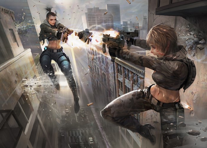 Two women warriors in a sci-fi battle