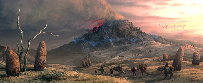 Fantasy landscape with a volcano and travelers