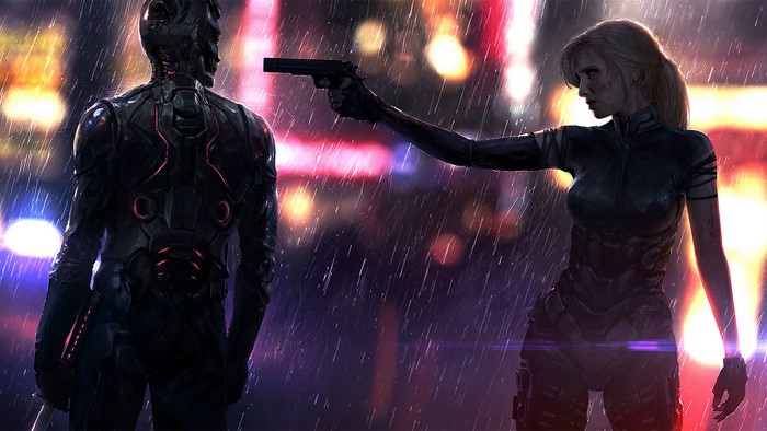Woman with gun facing a robot in the rain