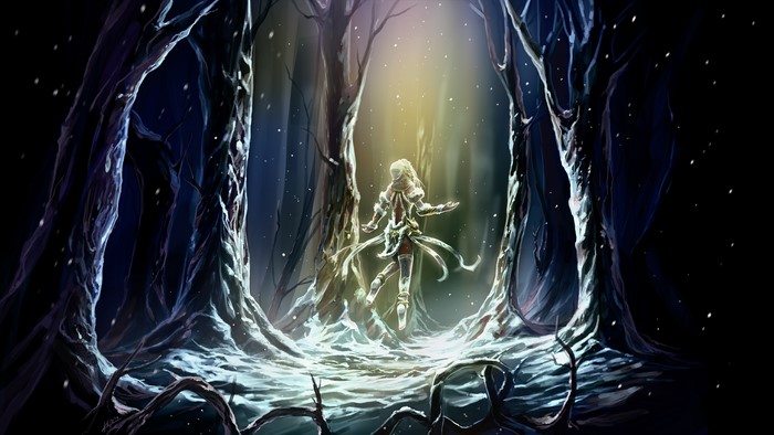 Woman in a snowy forest with light