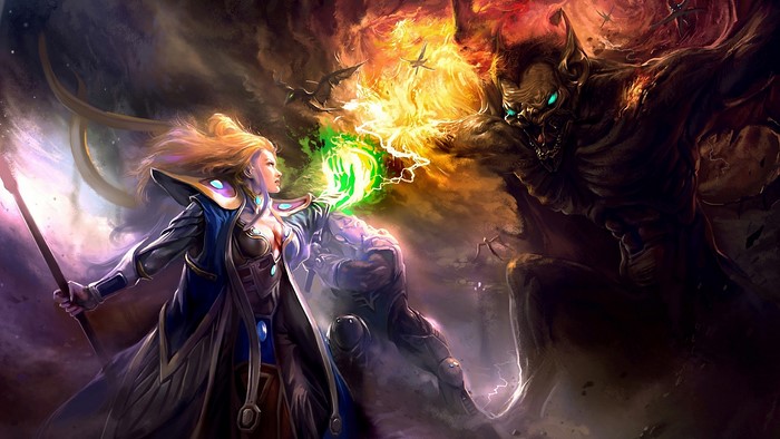 Fantasy battle between a female mage and a demon