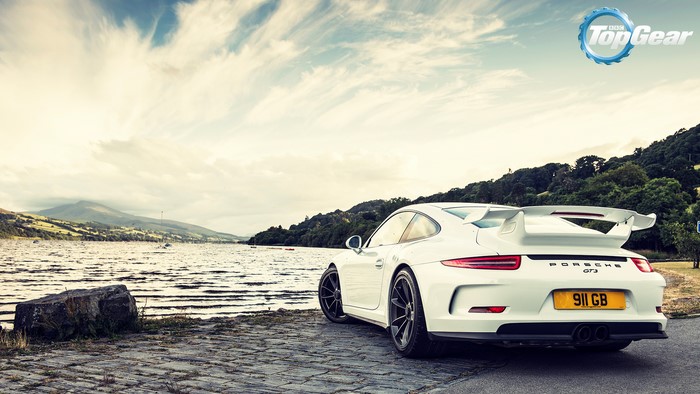 White Porsche 911 GT3 by a lake